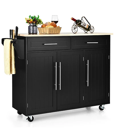 Gymax Kitchen Island Trolley Cart Wood Top Rolling Storage Cabinet w/Knife Block
