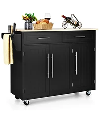 Gymax Kitchen Island Trolley Cart Wood Top Rolling Storage Cabinet w/Knife Block