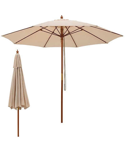 Gymax 9.5 Ft Rope Pulley Wooden Umbrella Market w/ Fiberglass Ribs Patio