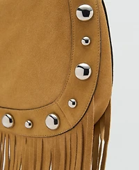Mango Women's Fringes and Stud Details Suede Bag
