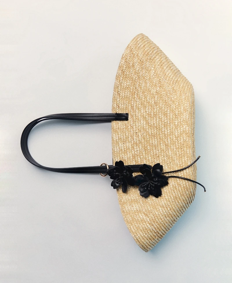 Mango Women's Flower Charm Natural Fiber Basket Bag