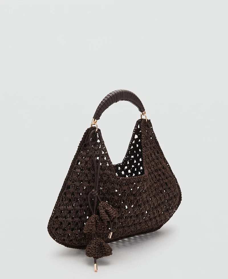 Mango Women's Flower Charm Natural Fiber Shoulder Bag