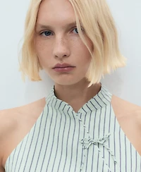 Mango Women's Strap Neckline and Laces Striped Top