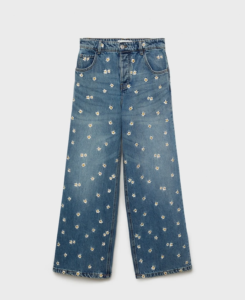 Mango Women's Flower-Embroidered Wide Leg Jeans