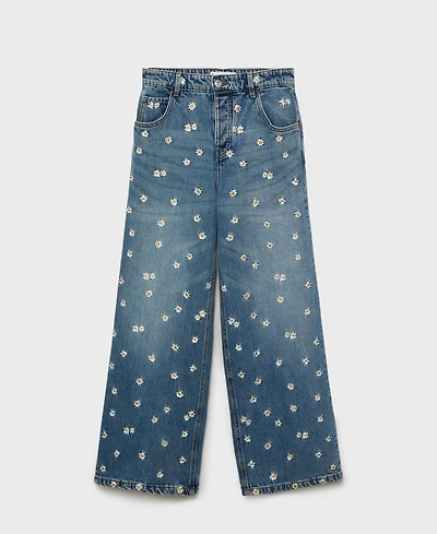 Mango Women's Flower-Embroidered Wide Leg Jeans