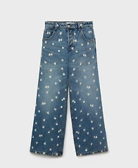 Mango Women's Flower-Embroidered Wide Leg Jeans
