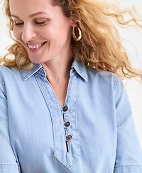 Style & Co Petite Cotton Short Sleeve Popover Denim Dress, Exclusively at Macy's