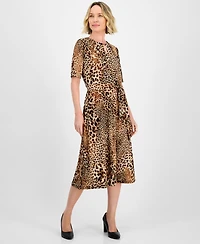 Kasper Women's Printed Elbow-Sleeve Tie-Waist Midi Dress