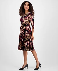 Kasper Floral-Print Keyhole Fit & Flare Dress, Regular Petites