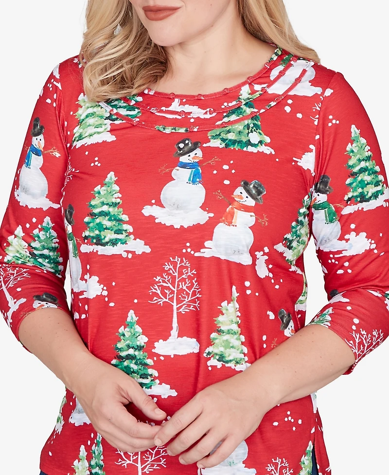 Alfred Dunner Women's Classic Snowmen Printed Crew Neck Top