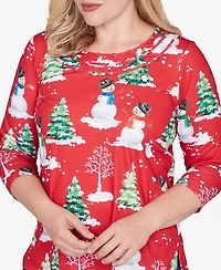 Alfred Dunner Women's Classic Snowmen Printed Crew Neck Top