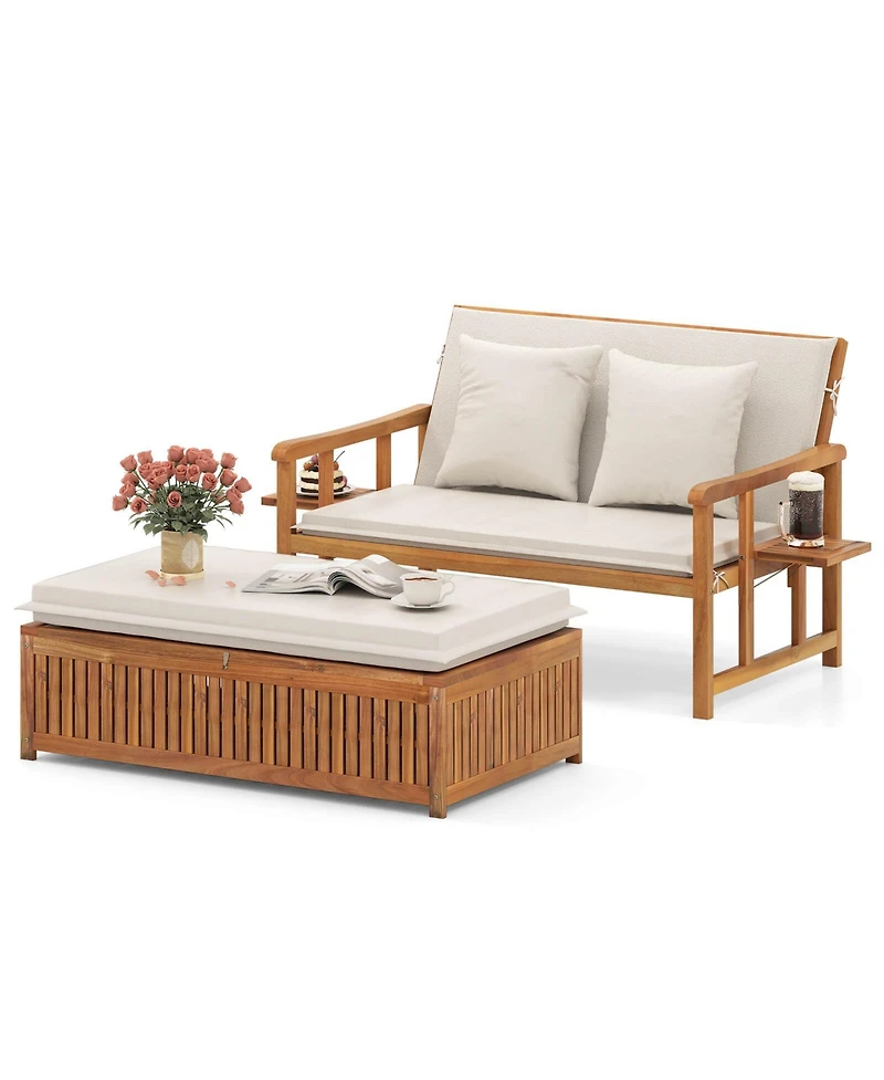 Costway Outdoor Wooden Daybed with 4-Level Backrest & Removable Cushions for Poolside