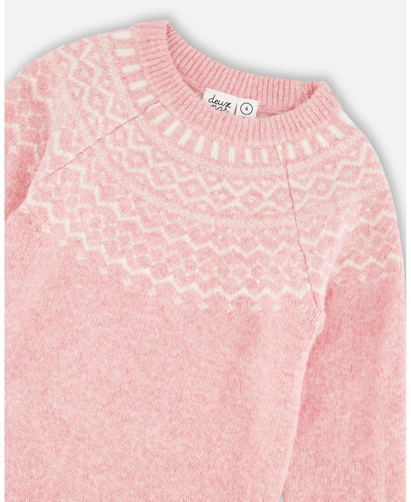 Deux par Girl Knitted Dress with Norvegian Jacquard Dusty Pink