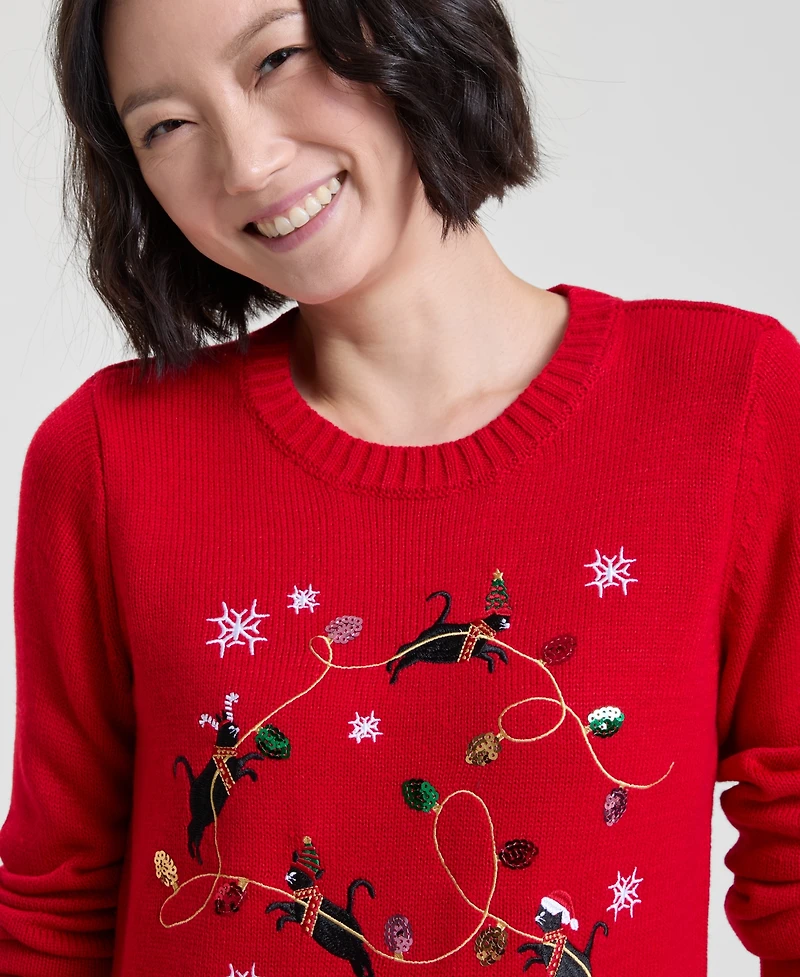 Holiday Lane Women's Kitten Sleigh Crewneck Sweater, Created for Macy's