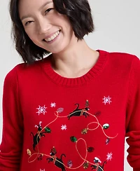 Holiday Lane Women's Kitten Sleigh Crewneck Sweater, Created for Macy's