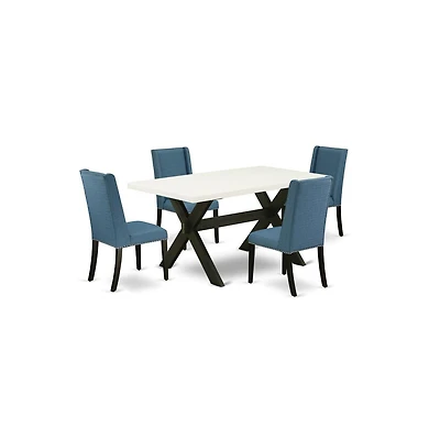 East West Furniture 5-Piece Stylish Rectangular Dining Room Table Set a Good Linen White Wood Table Top and 4 Amazing Linen Fabric Kitchen Chairs with