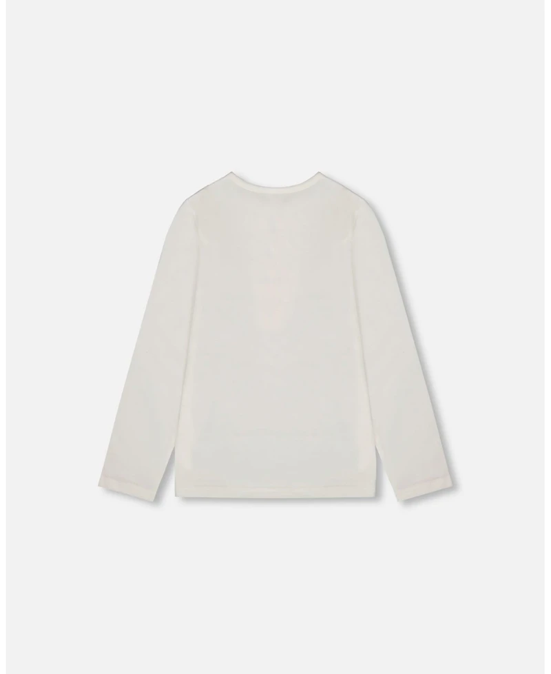 Deux par Big Girls Cotton Long Sleeve T-Shirt Off-White with Hot Chocolate