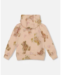 Deux par Big Girls Glittering French Terry Hoodie Beige Teddy Bear Print