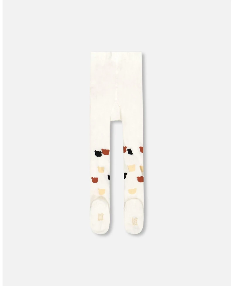 Deux par Girl Knit Tights Off-White with Teddy Bear Pattern - Toddler|Child