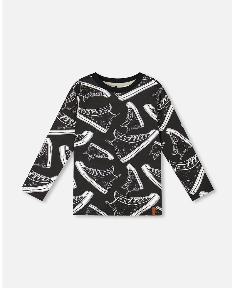 Deux par Boy Long Sleeve Cotton Allover Print Tee Black - Child
