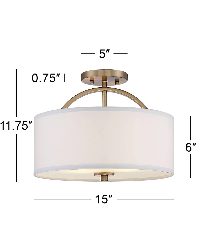 Possini Euro Design Halsted Modern Ceiling Light Semi Flush Mount Fixture 15" Wide Warm Brass 2-Light Oatmeal Linen Drum for Bedroom Living Room