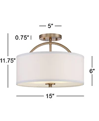 Possini Euro Design Halsted Modern Ceiling Light Semi Flush Mount Fixture 15" Wide Warm Brass 2-Light Oatmeal Linen Drum for Bedroom Living Room
