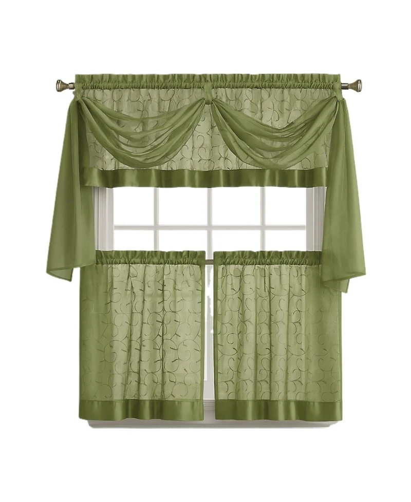 Kate Aurora Living Complete 4 Piece Linen Leaf Embroidered Kitchen Curtain Set - 58 in. W x 36 L, Gold