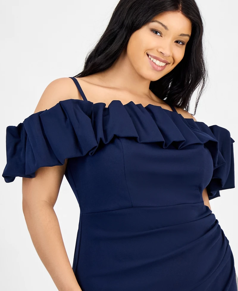 City Studios Trendy Plus Bubble-Trim Cold-Shoulder Scuba Gown
