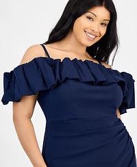 City Studios Trendy Plus Bubble-Trim Cold-Shoulder Scuba Gown
