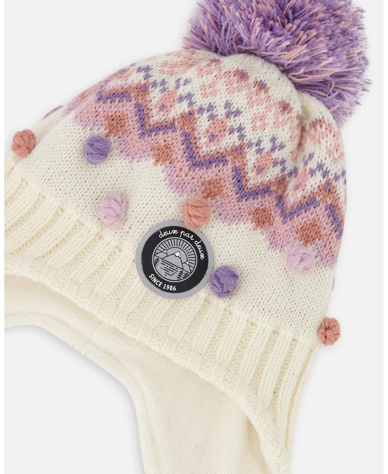 Deux par Girl Lined Peruvian Knit Pompom Hat Off-White and Lilac - Toddler|Child