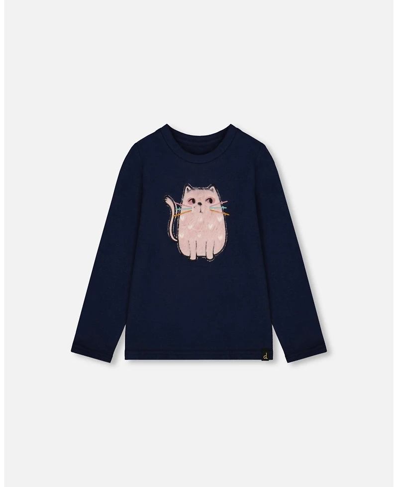 Deux par Baby Girls Cotton T-Shirt Dark Blue with Cat