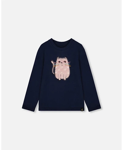 Deux par Baby Girls Cotton T-Shirt Dark Blue with Cat