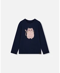 Deux par Baby Girls Cotton T-Shirt Dark Blue with Cat