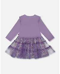 Deux par Girl Bi-Material Dress with Muslin and Mesh Skirt Purple Gray