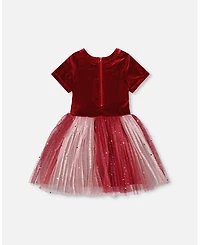 Deux par Girl Bi-Material Short Sleeve Party Dress Red