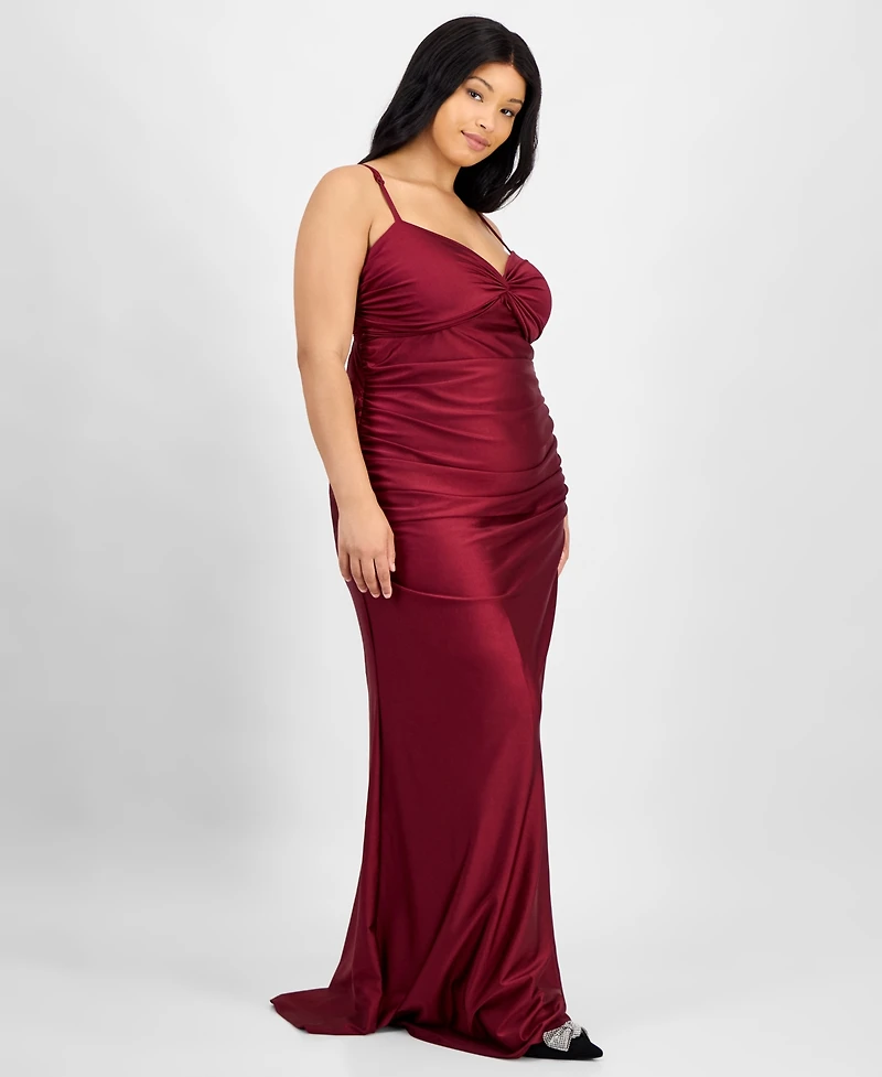 City Studios Trendy Plus Twist-Front Ruched Satin Gown