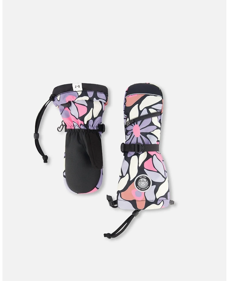 Deux par Girl Winter Mittens Teknik Black Retro Flower Print