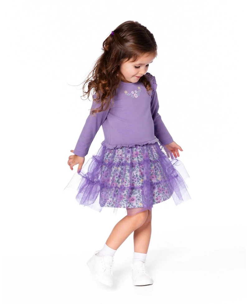 Deux par Girl Bi-Material Dress with Muslin and Mesh Skirt Purple Gray