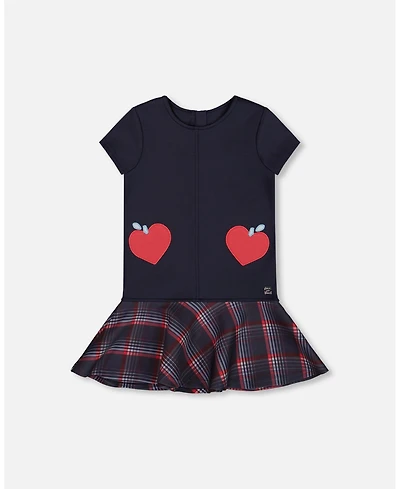 Deux par Girl Milano Dress Navy Blue with Plaid Flounce - Child
