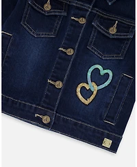 Deux par Girl Stretch Denim Jacket Dark Blue with Glittery Hearts and Unicorn