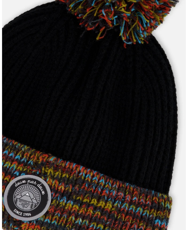 Deux par Boy Lined Knit Winter Hat with Pompom Black and Multicolor - Toddler|Child