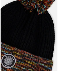 Deux par Boy Lined Knit Winter Hat with Pompom Black and Multicolor - Toddler|Child