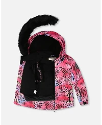 Deux par Girl Two-Piece Play Snowsuit with Multicolor Print Jacket and Solid Pant Black - Child