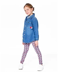 Deux par Girl Denim Shirt Light Blue with Patch Pockets and Apple - Child
