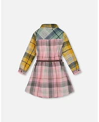 Deux par Big Girls Shirt Dress with Belt Green Pink and Yellow