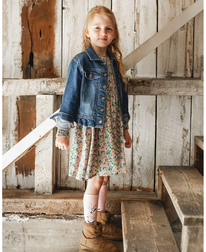 Deux par Girl Smocked Viscose Dress Green with Floral Print
