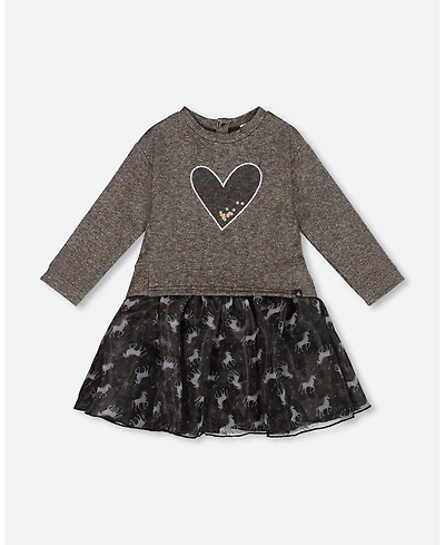 Deux par Deux Girl Bi-Material Dress Black with Mesh Skirt and Heart - Toddler|Child
