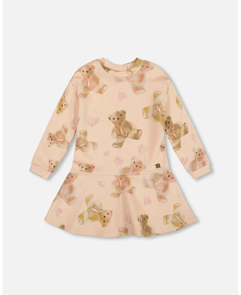 Deux par Toddler Girls Glittering French Terry Dress Beige Teddy Bear Print - Toddler|Child