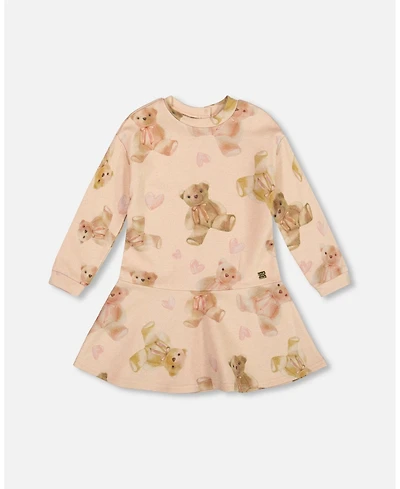 Deux par Toddler Girls Glittering French Terry Dress Beige Teddy Bear Print - Toddler|Child