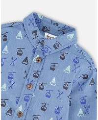 Deux par Baby Boy Printed Long Sleeve Button Front Chambray Shirt Blue